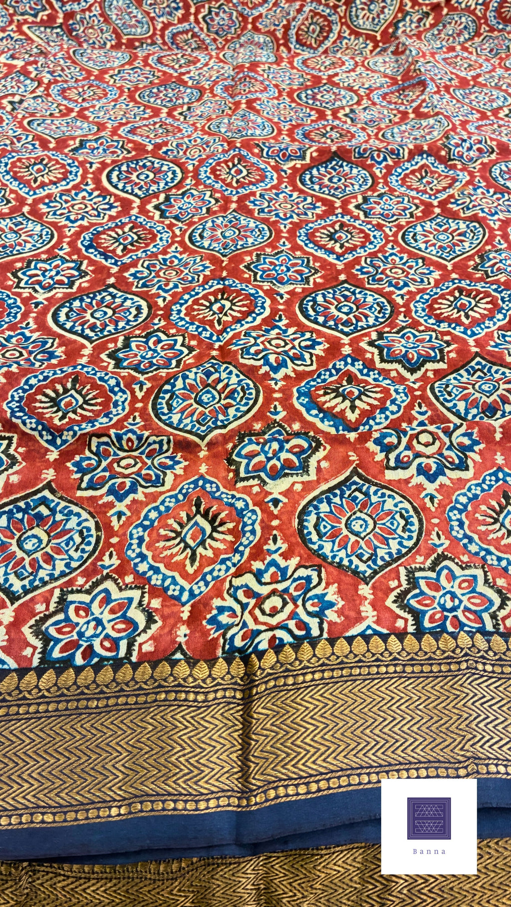 Pure Chiffon silk handblock prints - Navy blue and red