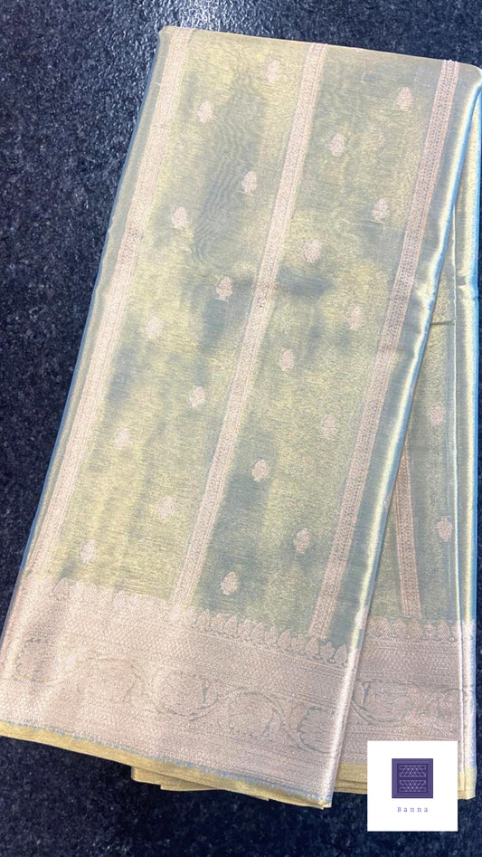 Vertical Glass Tissue Saree - Green and Gold