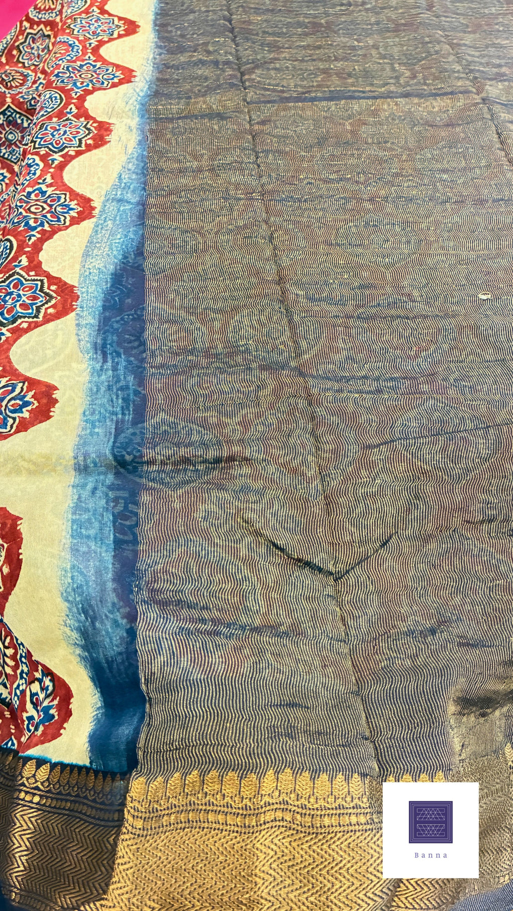 Pure Chiffon silk handblock prints - Navy blue and red
