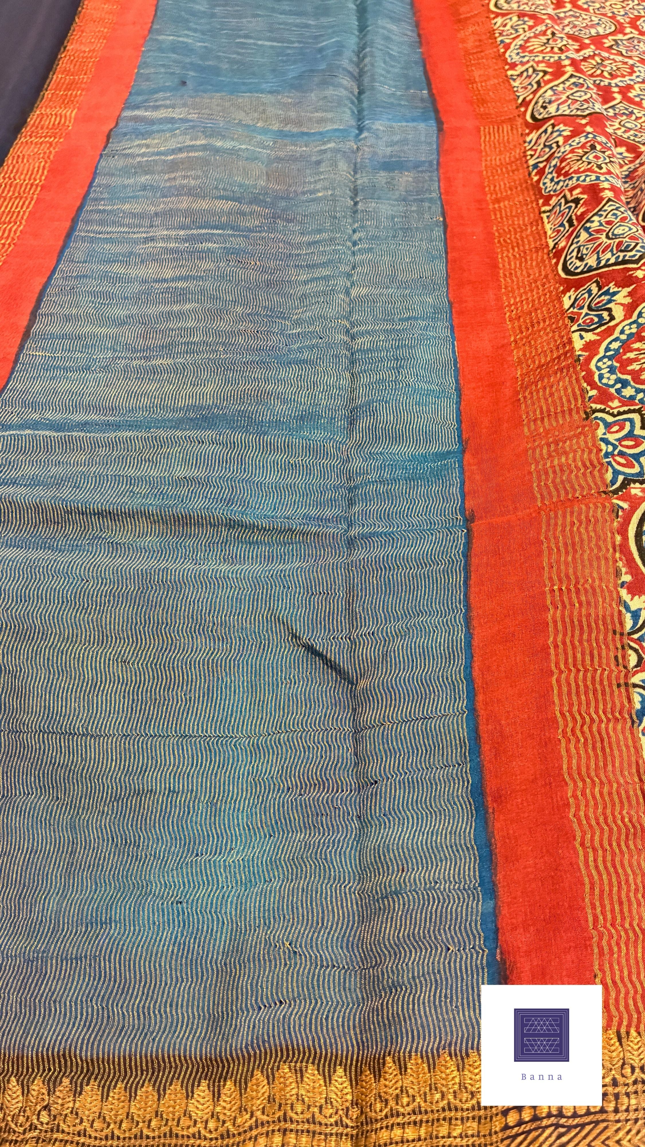 Pure Chiffon silk handblock prints - Navy blue and red