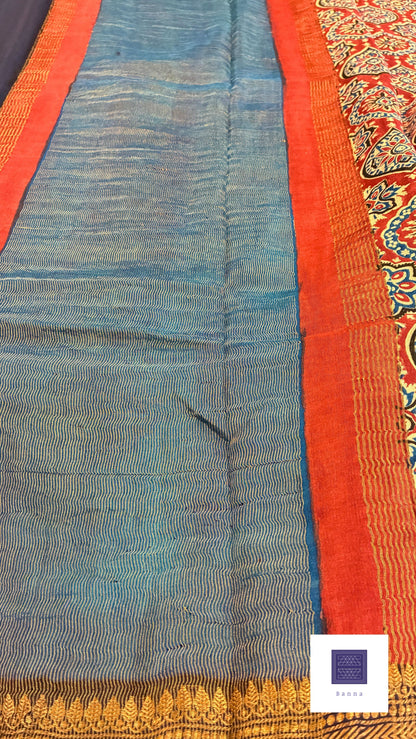 Pure Chiffon silk handblock prints - Navy blue and red