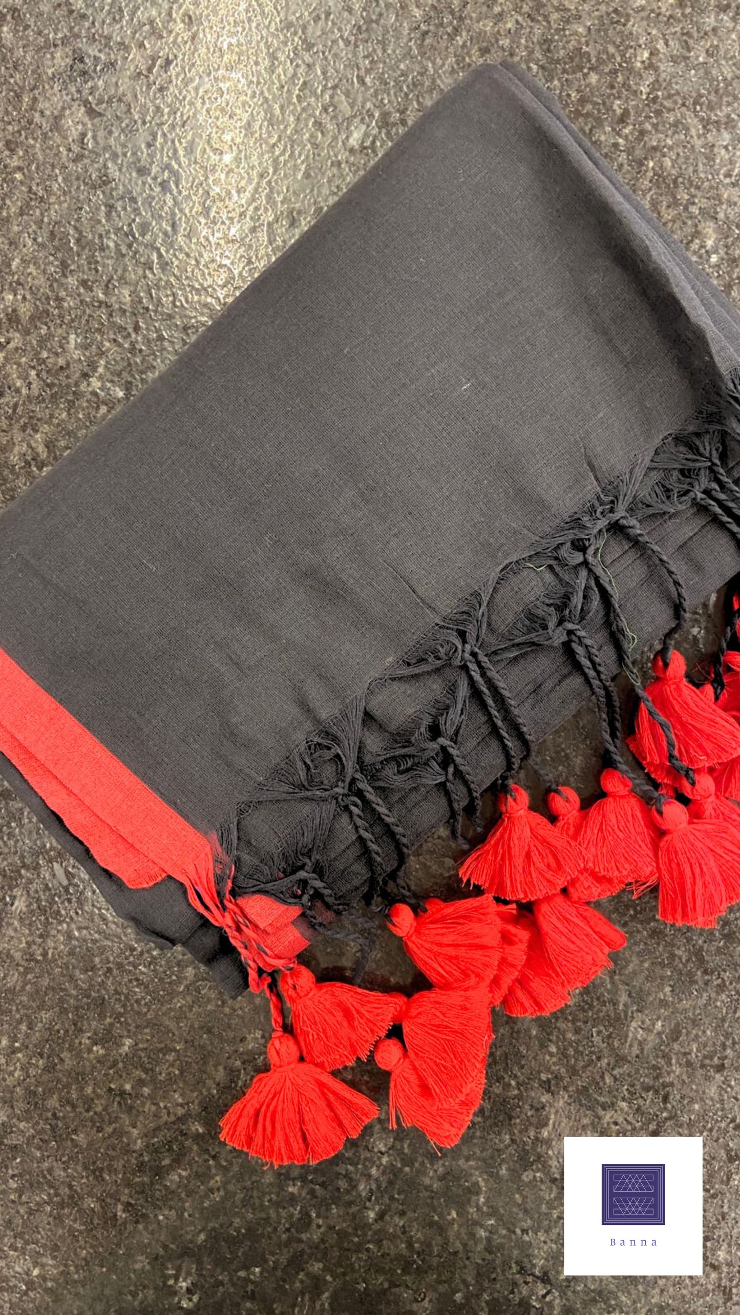 Soft Mul Cotton saree - Black with Red border