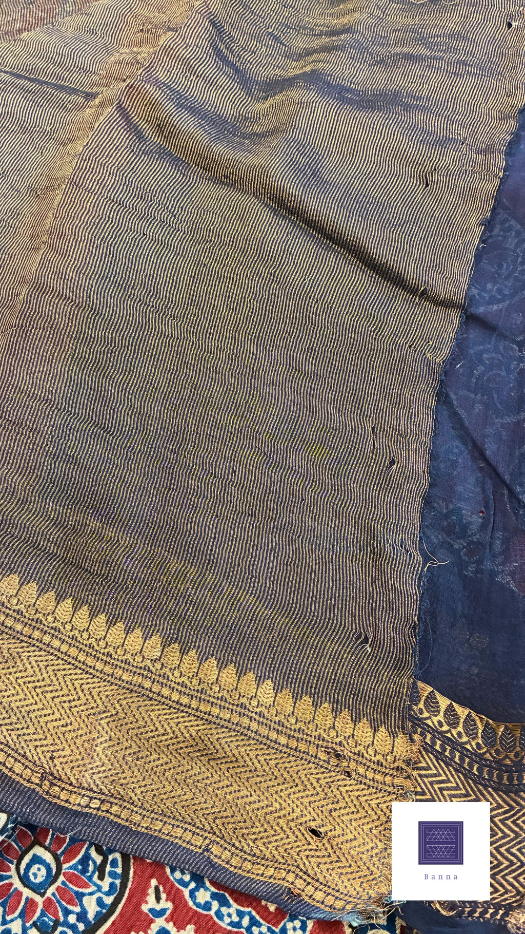 Pure Chiffon silk handblock prints - Navy blue and red