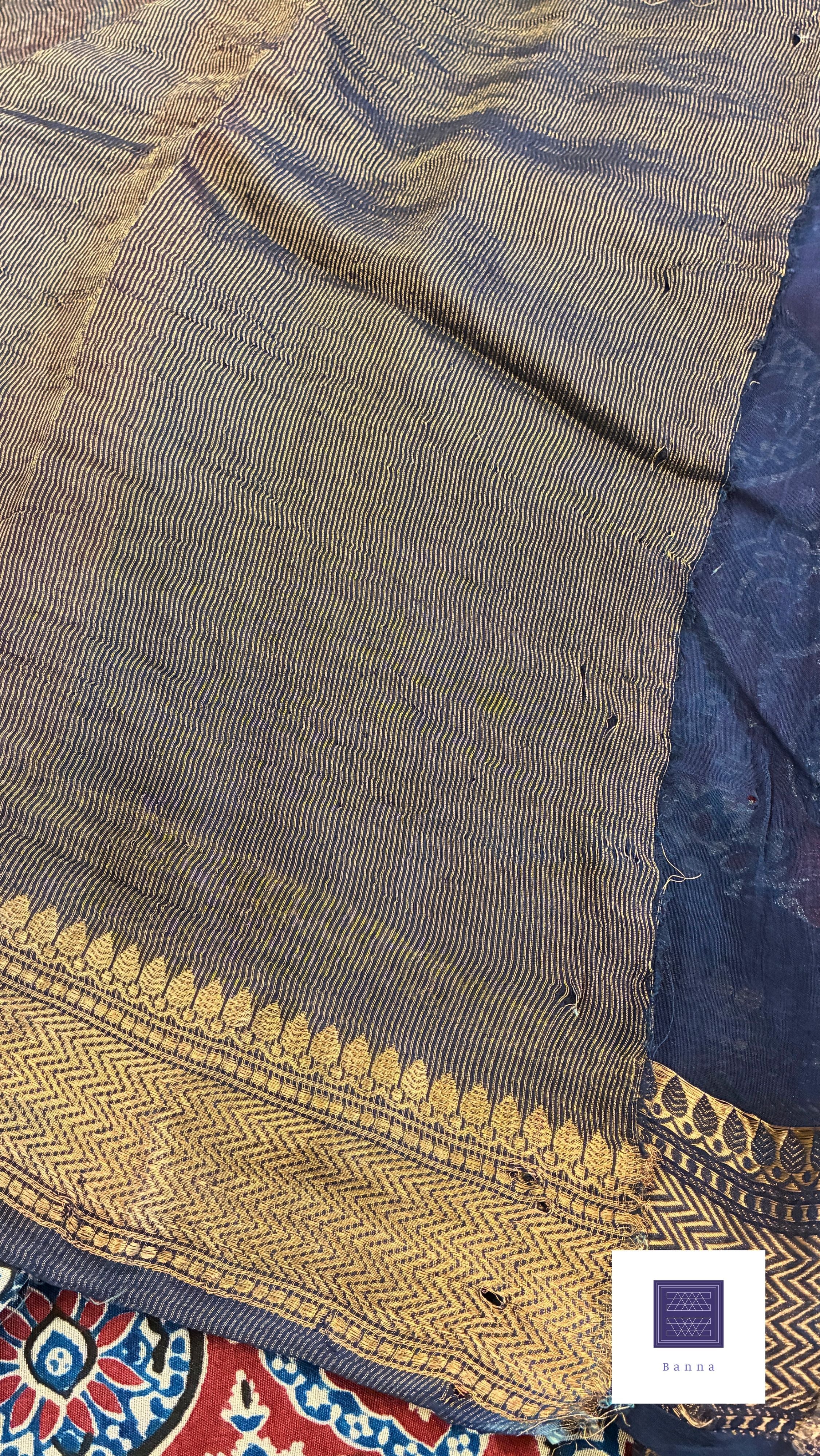 Pure Chiffon silk handblock prints - Navy blue and red