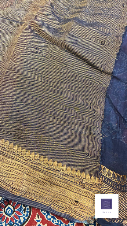 Pure Chiffon silk handblock prints - Navy blue and red