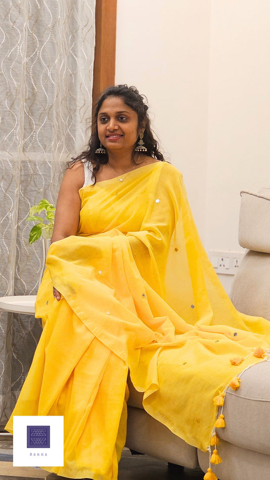 Embellished Soft Solid Cotton saree - Yellow