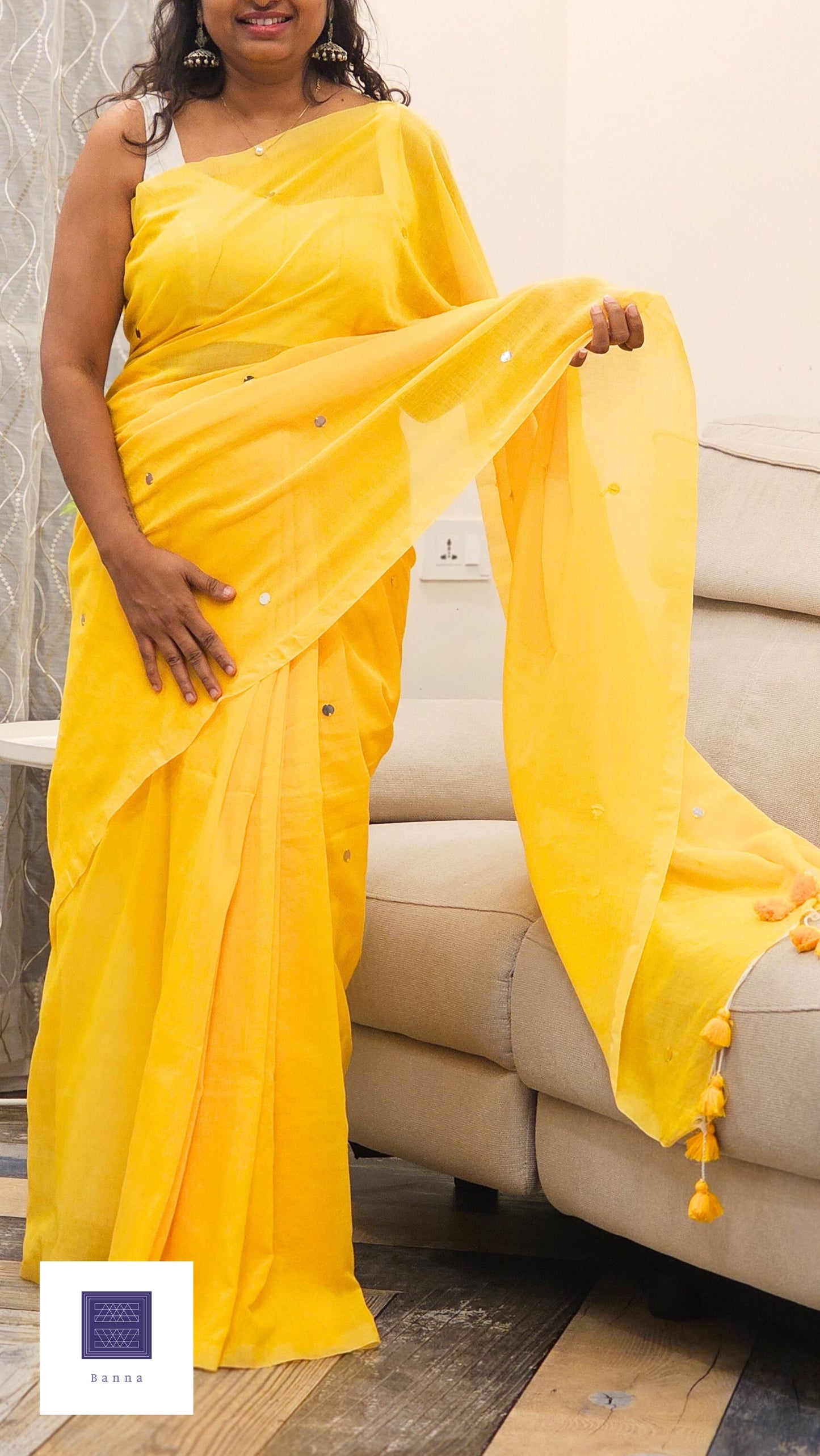 Embellished Soft Solid Cotton saree - Yellow