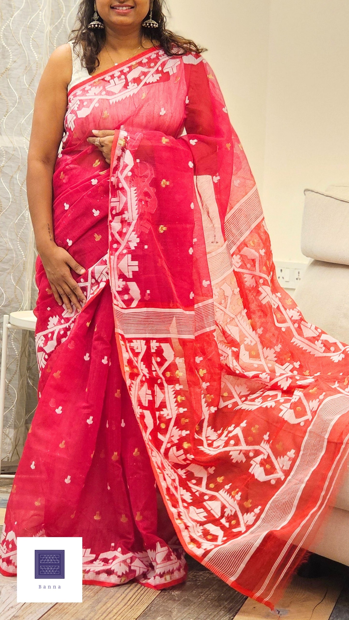 Cotton saree - Red and Pink
