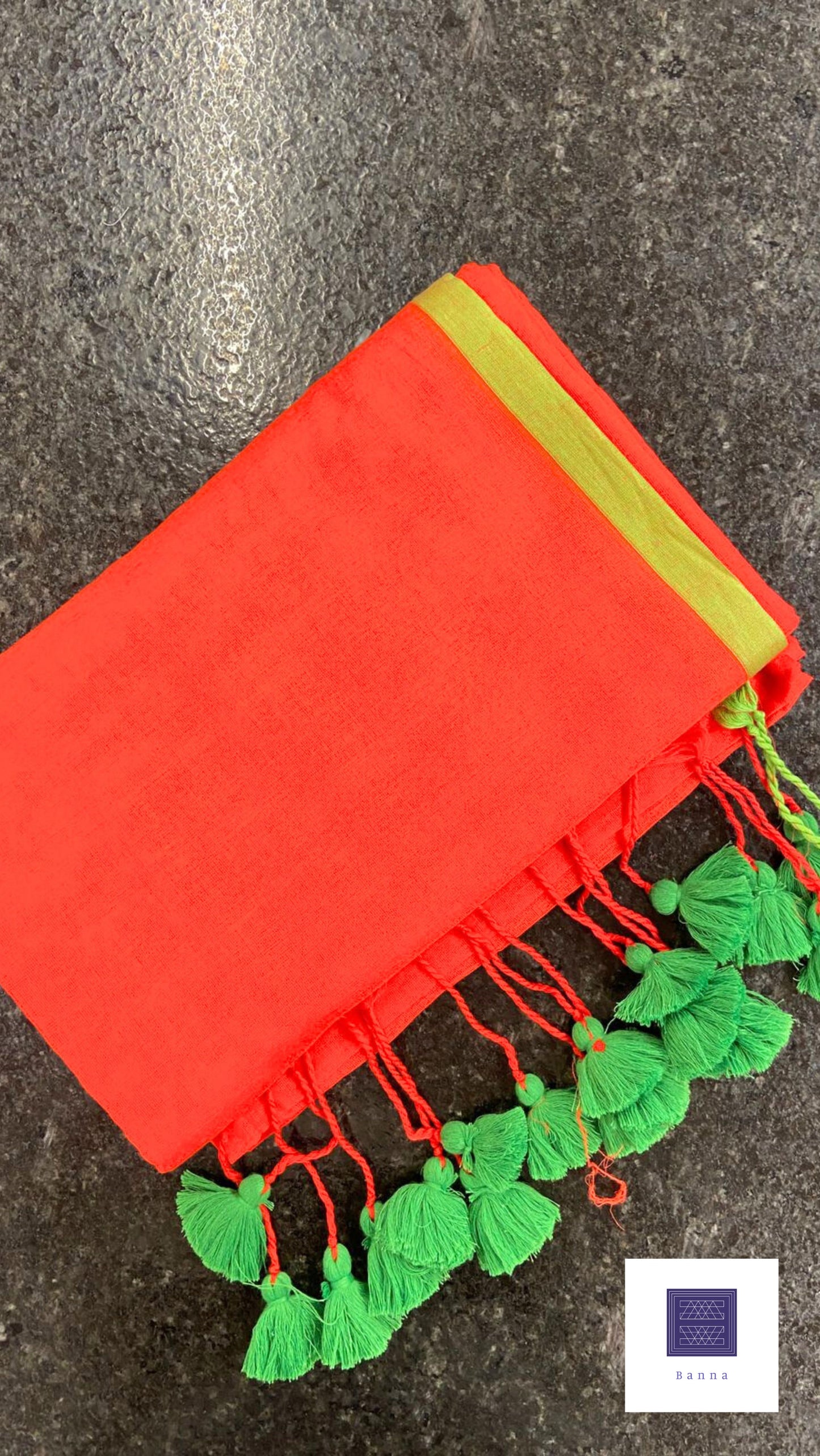 Soft Mul Cotton saree - Bright Orangish Red with green border