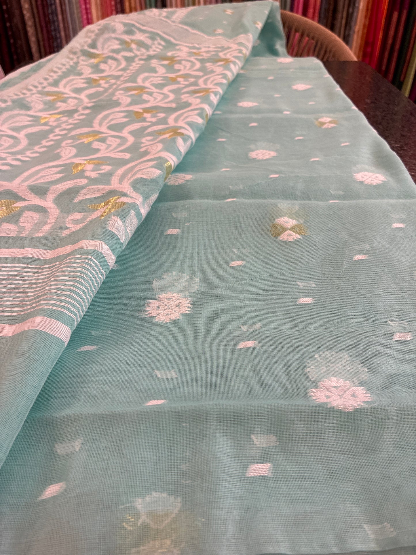 Jamdhani Cotton Saree - Aqua green