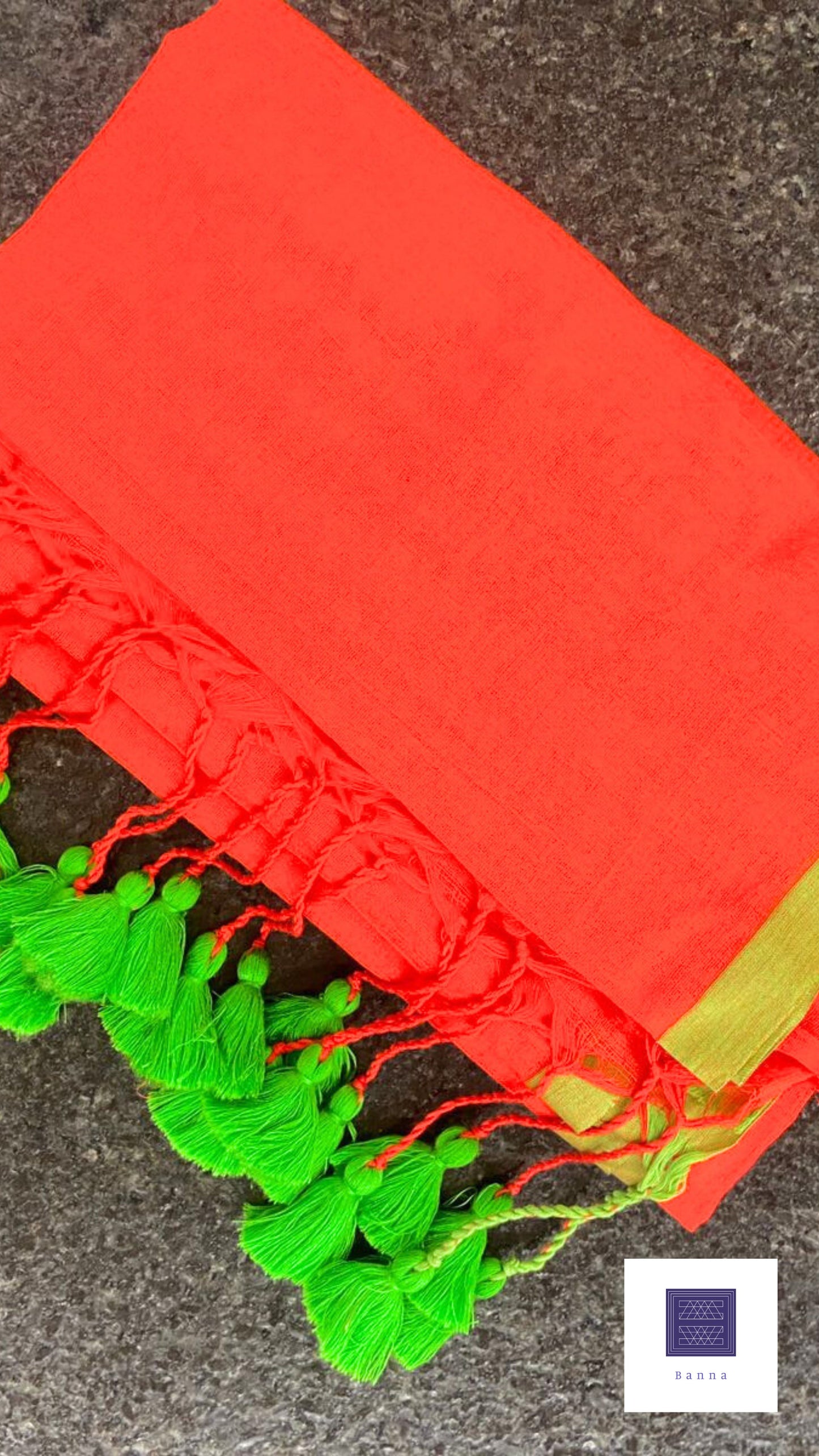 Soft Mul Cotton saree - Bright Orangish Red with green border