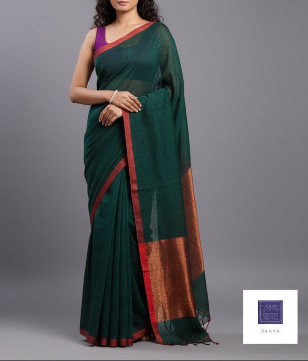 Linen Saree - Green and Copper