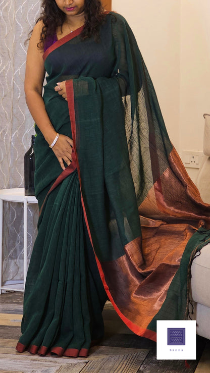 Linen Saree - Green and Copper