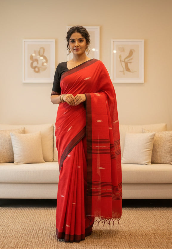 Pure Mul Cotton Saree with Jamdhani handwork - Red