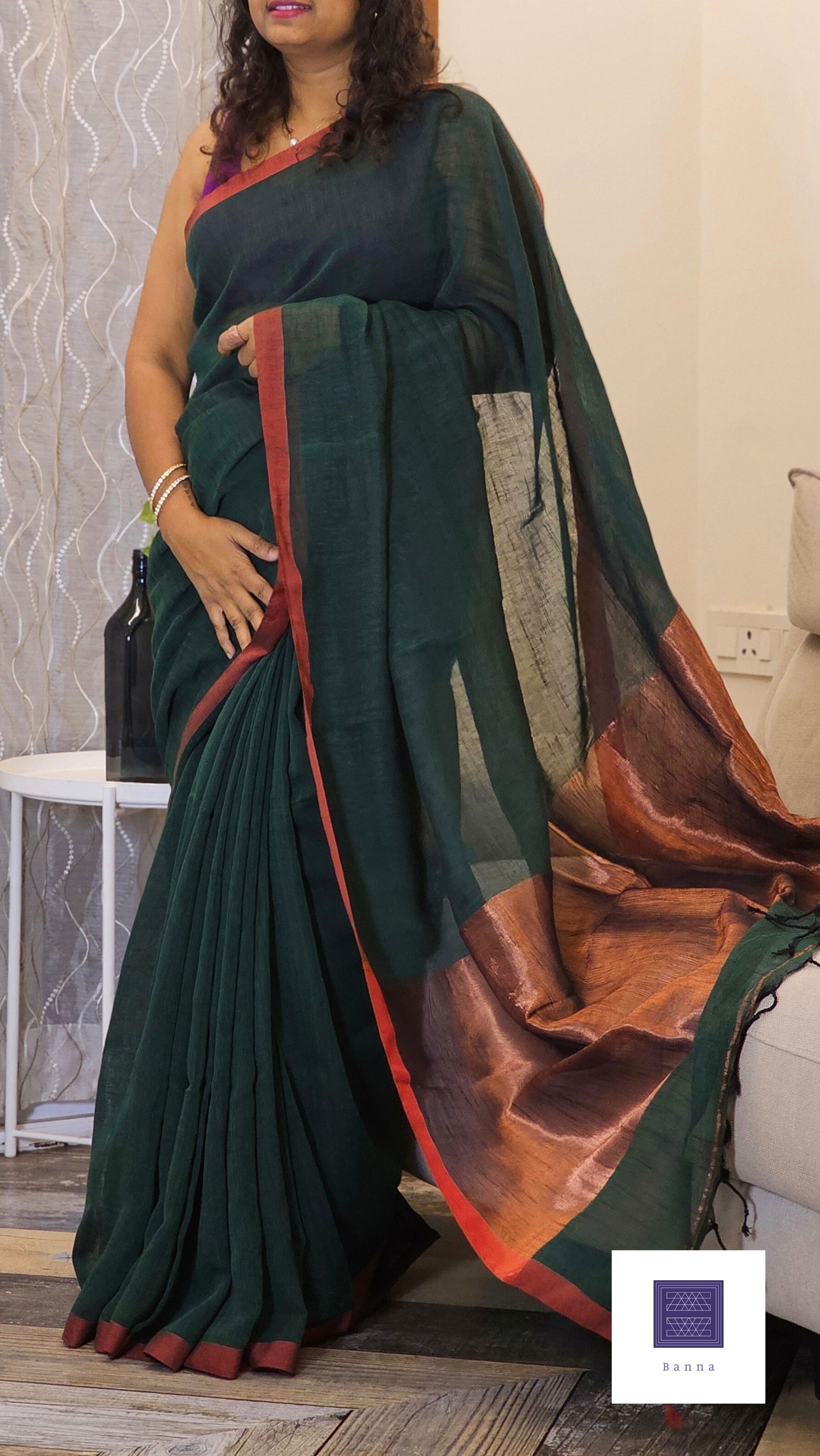 Linen Saree - Green and Copper