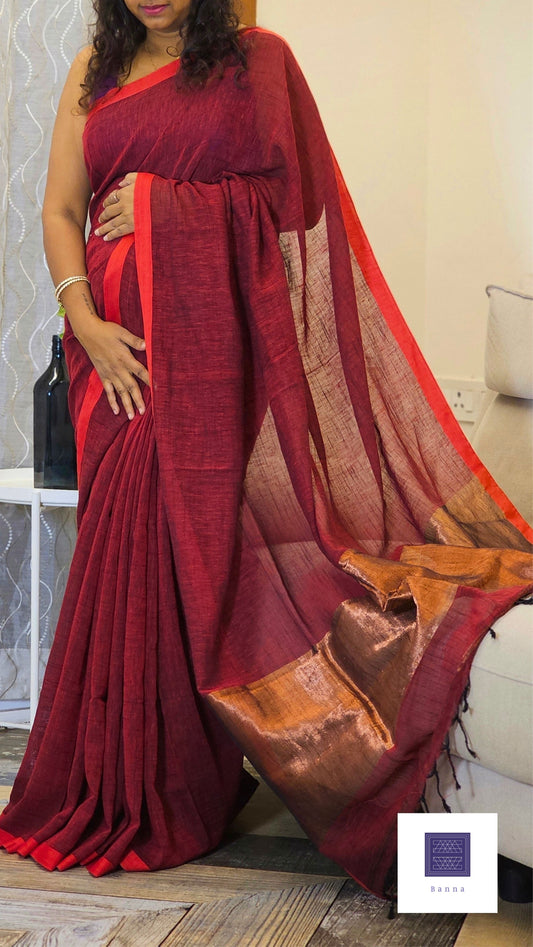 Linen Saree - Maroon and Copper