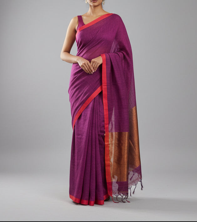 Linen Saree - Magenta and Copper