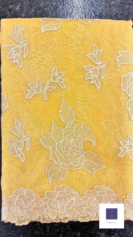 Organza Appliqué Floral Saree with embroidery and cut work - Yellow