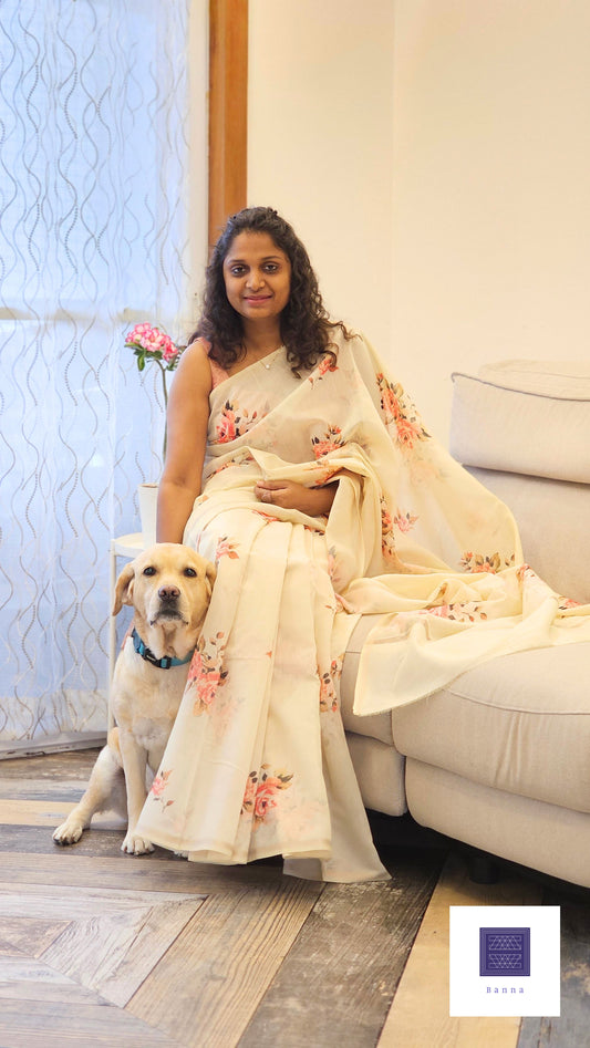 Work love, everyday saree in all new floral prints - Cream