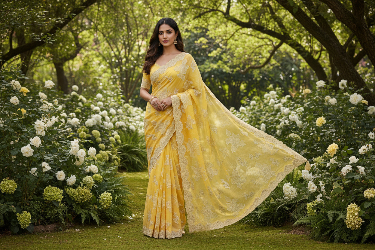 Organza Appliqué Floral Saree with embroidery and cut work - Yellow