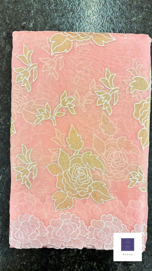 Organza Appliqué Floral Saree with embroidery and cut work - Baby Pink