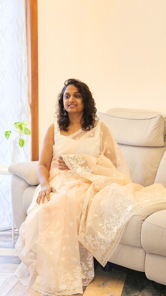 Peach Rose Floral - Organza saree with Floral Embroidey