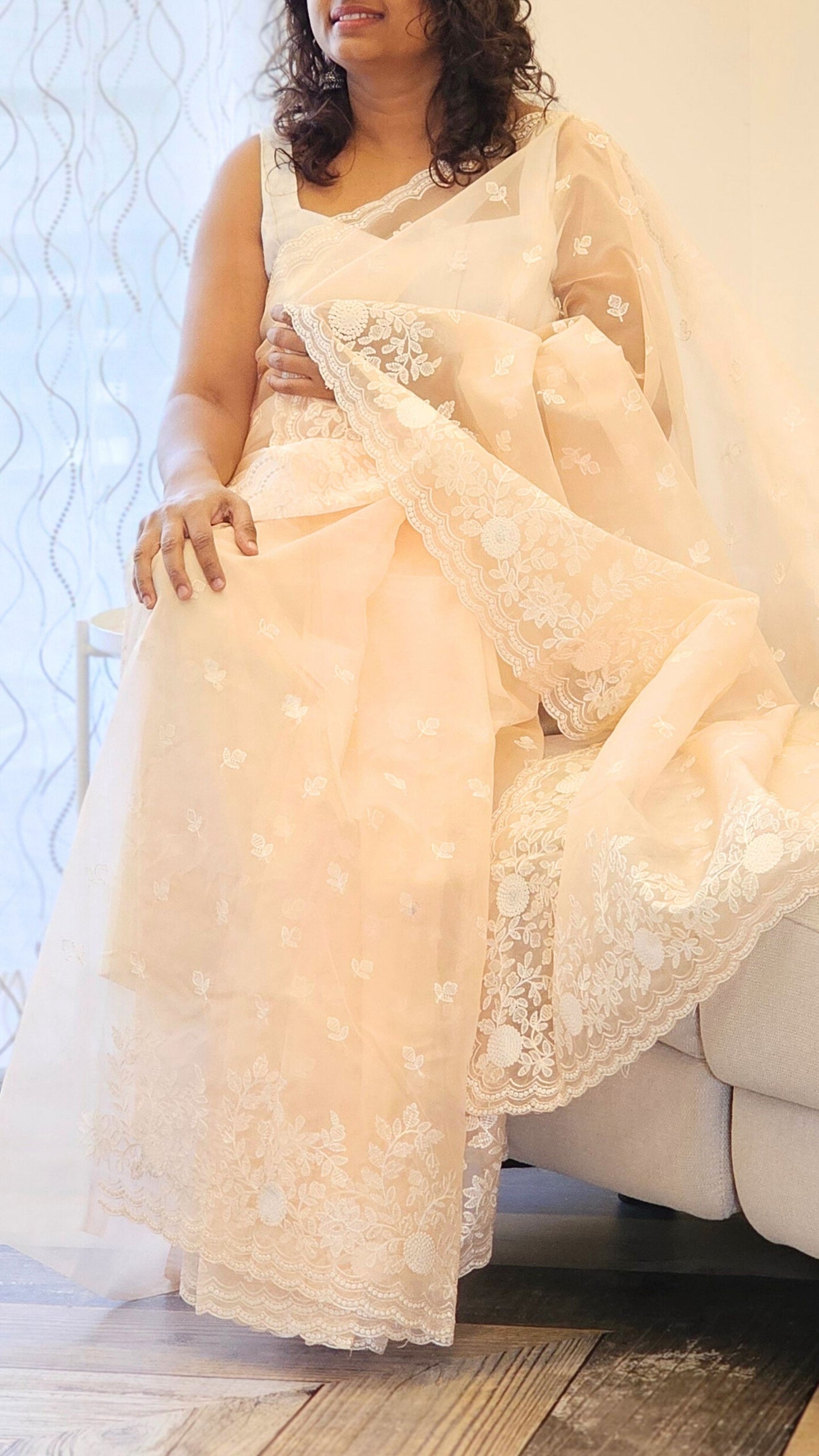 Peach Rose Floral - Organza saree with Floral Embroidey
