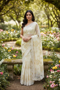 Organza Appliqué Floral Saree with embroidery and cut work - Off White