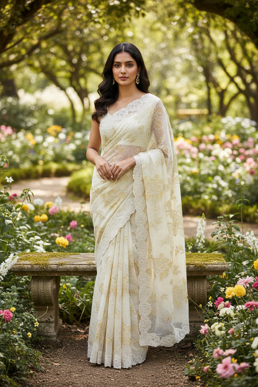 Organza Appliqué Floral Saree with embroidery and cut work - Off White