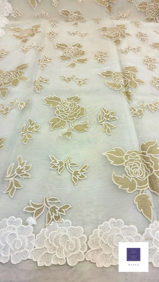 Organza Appliqué Floral Saree with embroidery and cut work - Off White