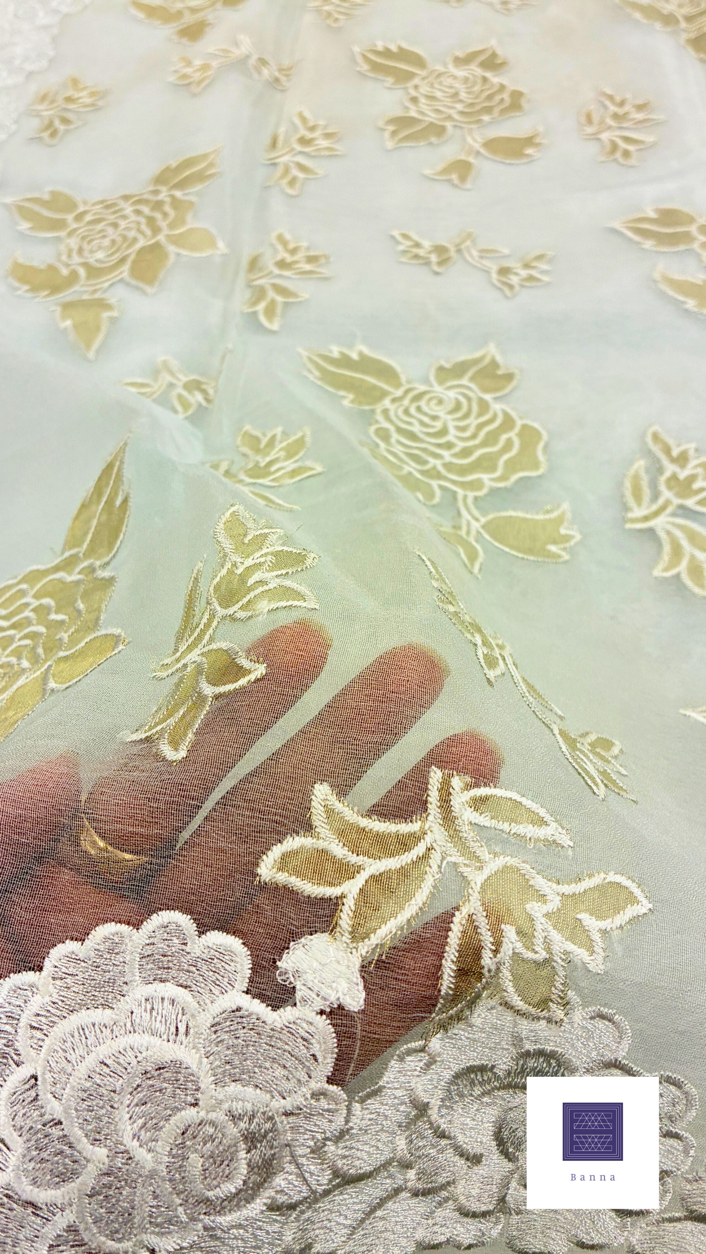 Organza Appliqué Floral Saree with embroidery and cut work - Off White