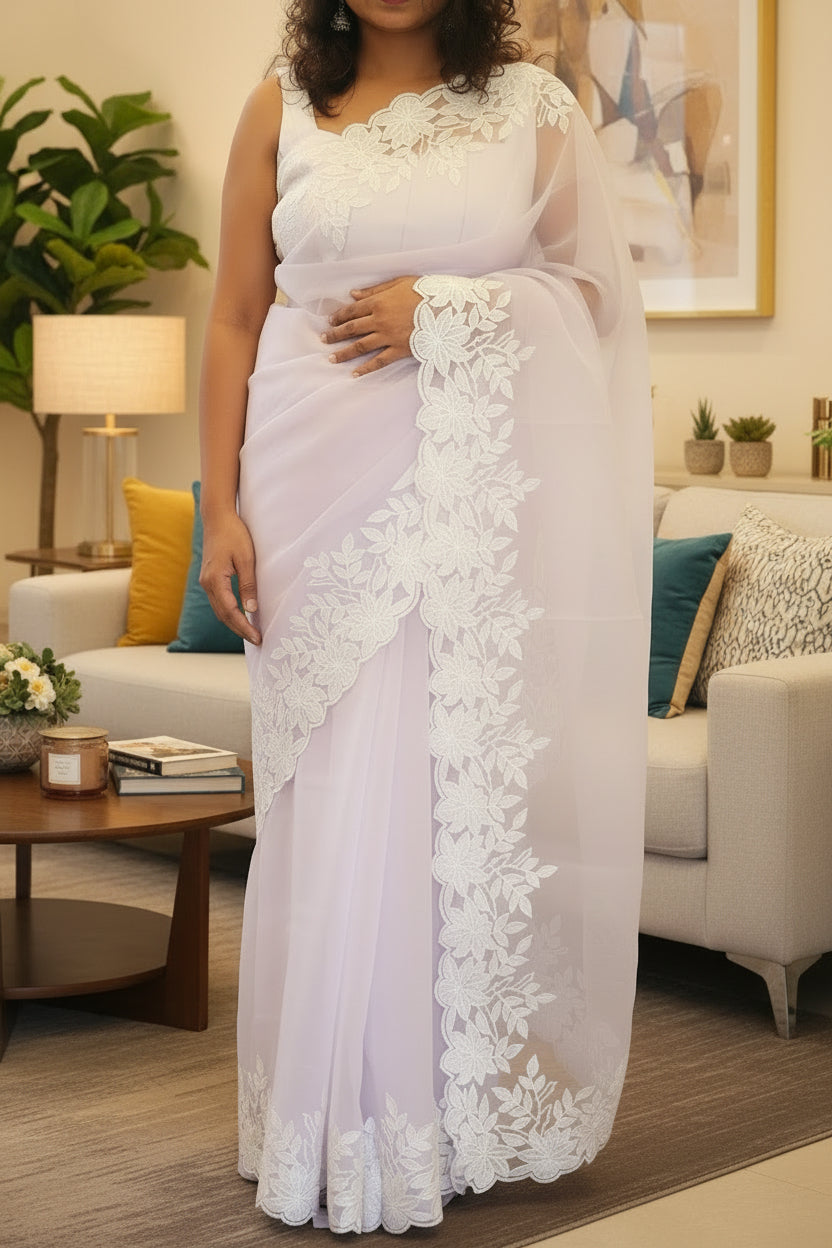 Off White Rose and light lavender Floral Saree - Organza saree with Floral Embroidery