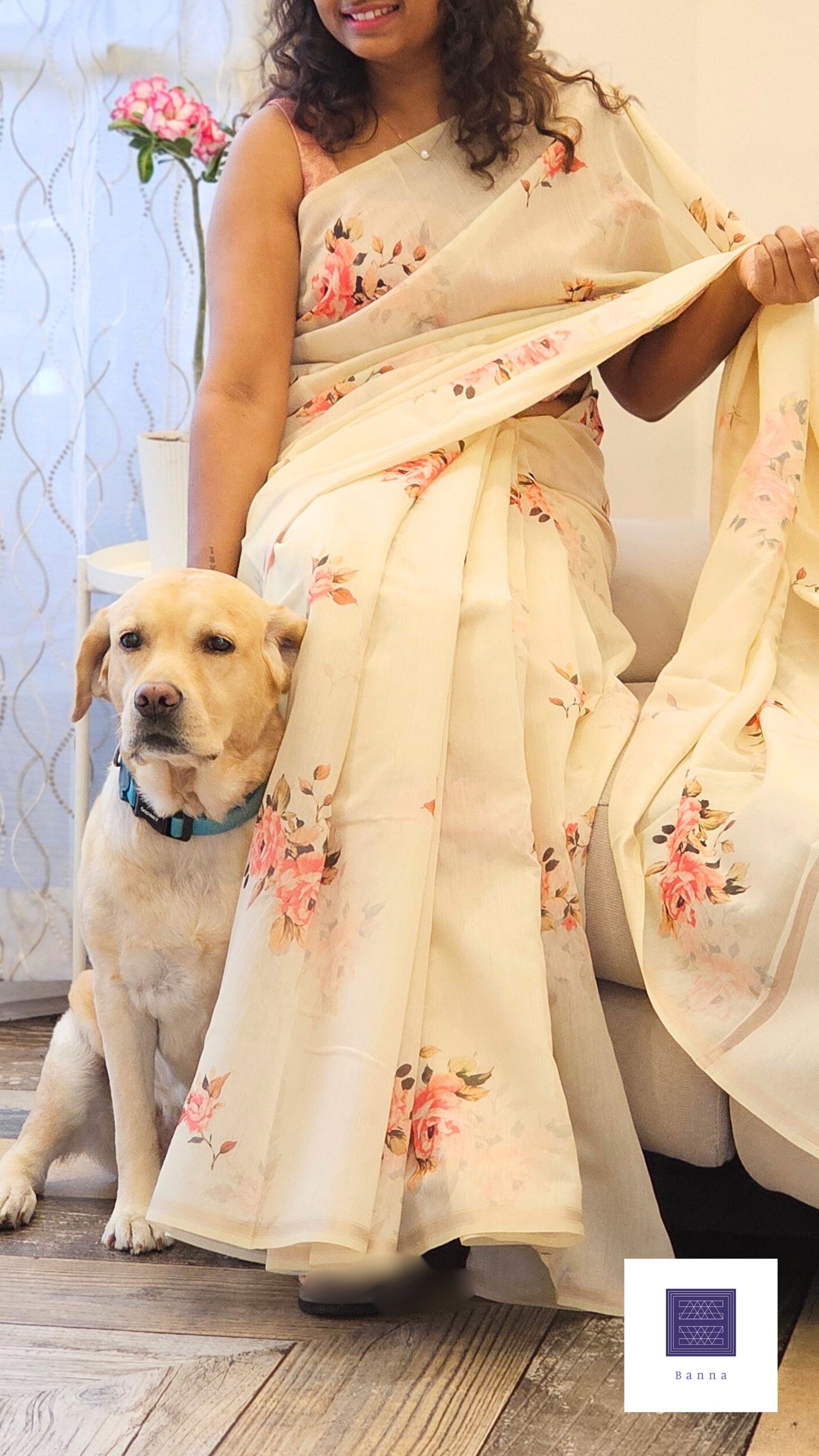 Work love, everyday saree in all new floral prints - Cream