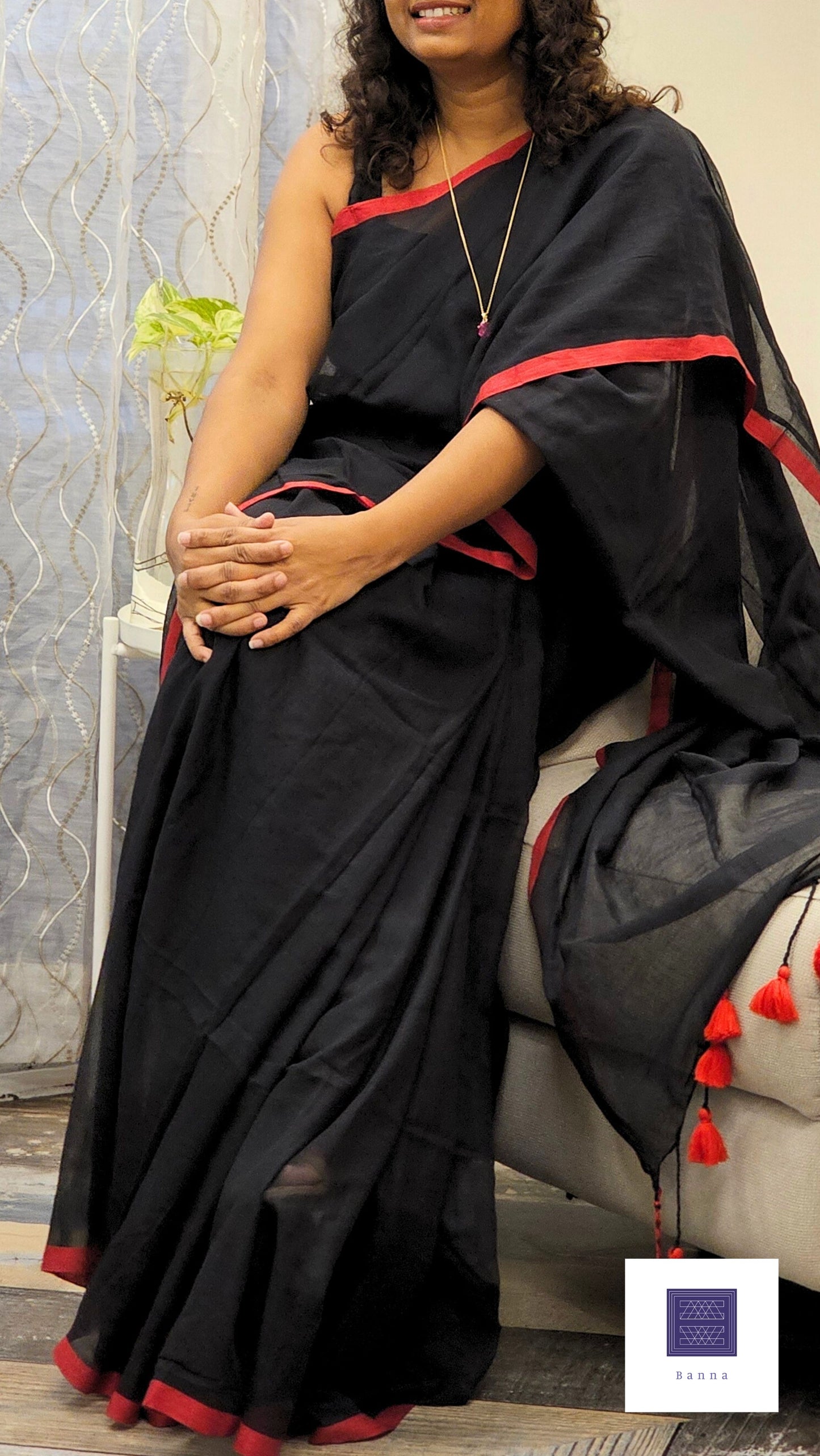 Soft Mul Cotton saree - Black with Red border