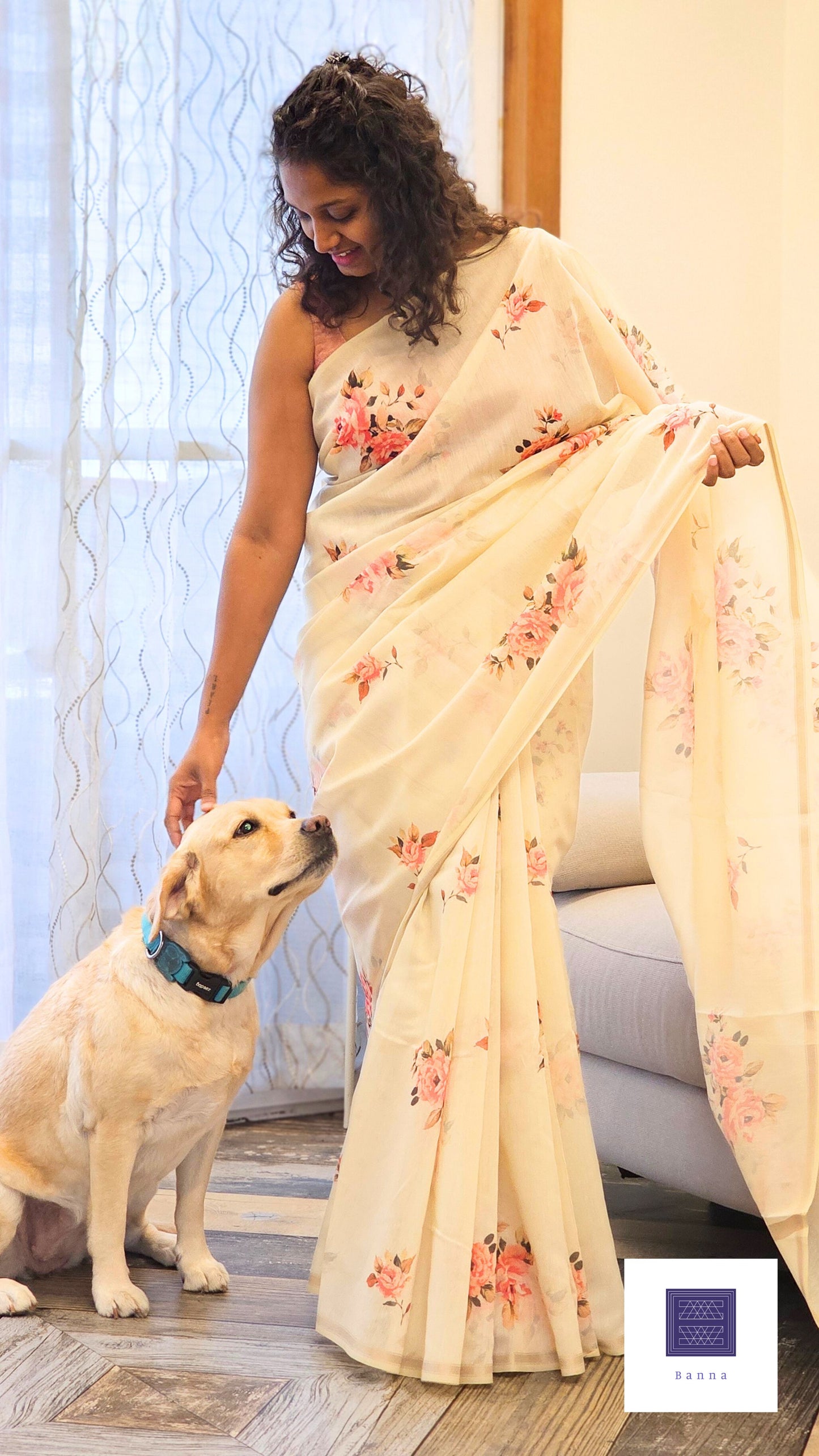 Work love, everyday saree in all new floral prints - Cream
