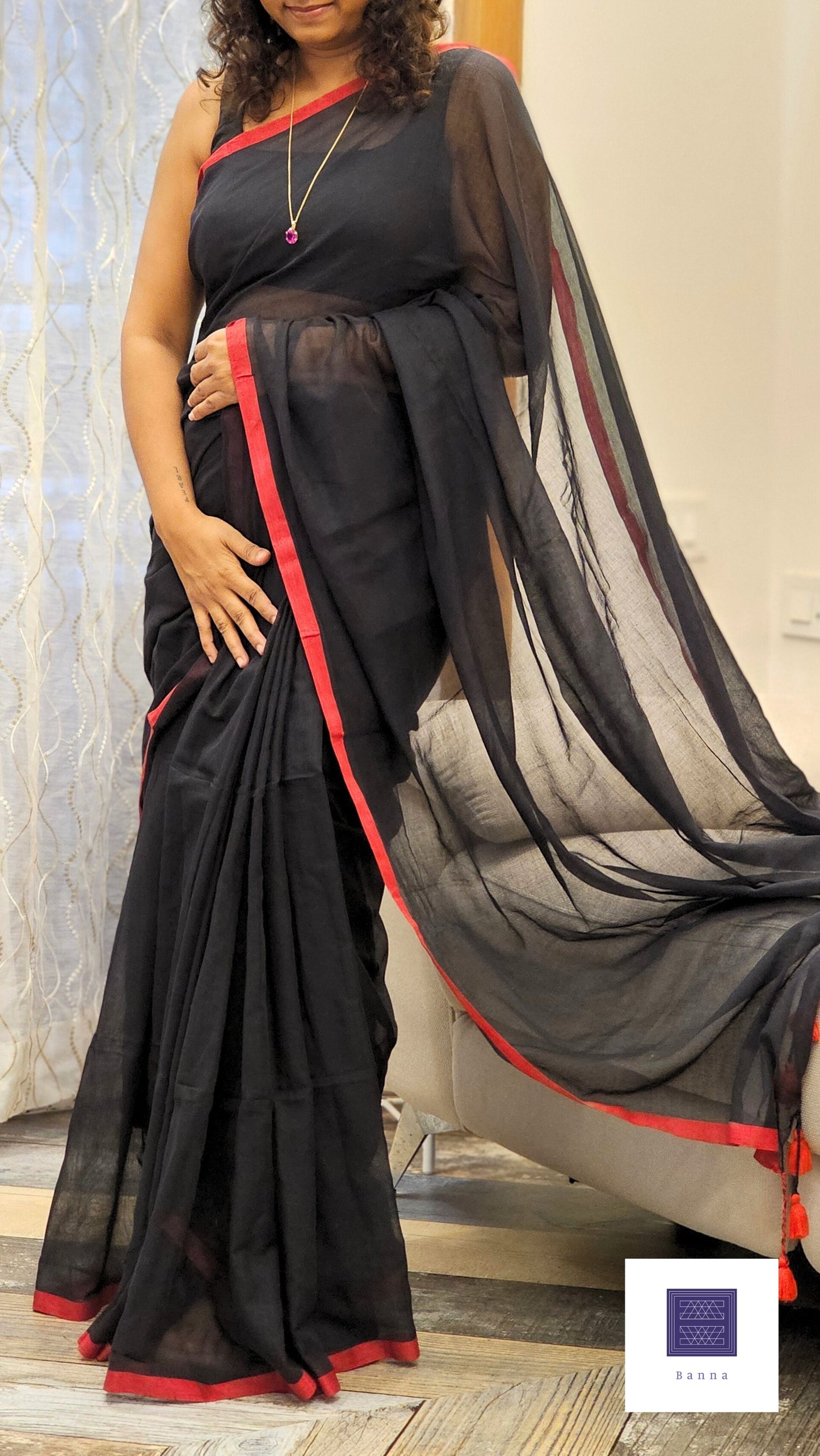 Soft Mul Cotton saree - Black with Red border