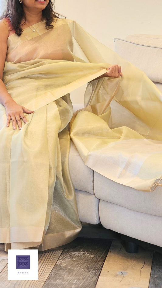 Precious as Gold - Green with Gold and Silver lines in Pallu