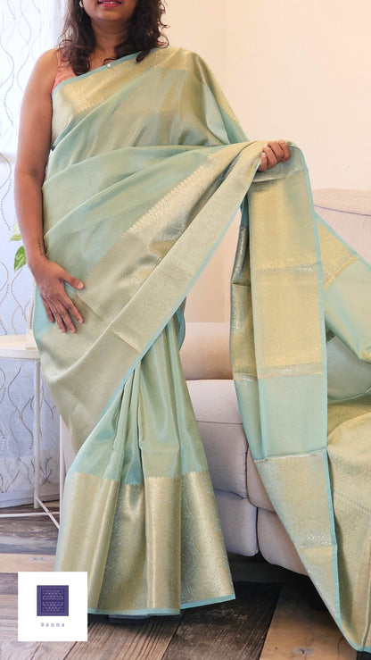 Tissue Silk Solid Long Border Saree - Aqua Green