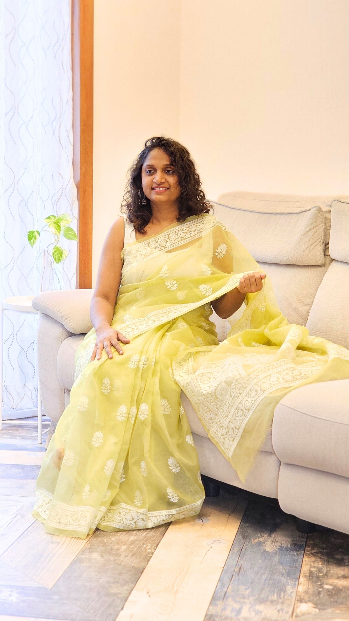 Pastel Green Rose Floral - Organza saree with Floral Embroidery