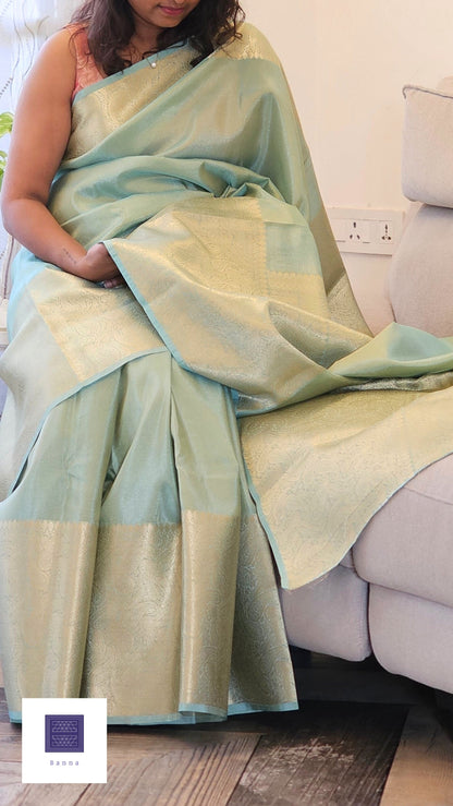 Tissue Silk Solid Long Border Saree - Aqua Green