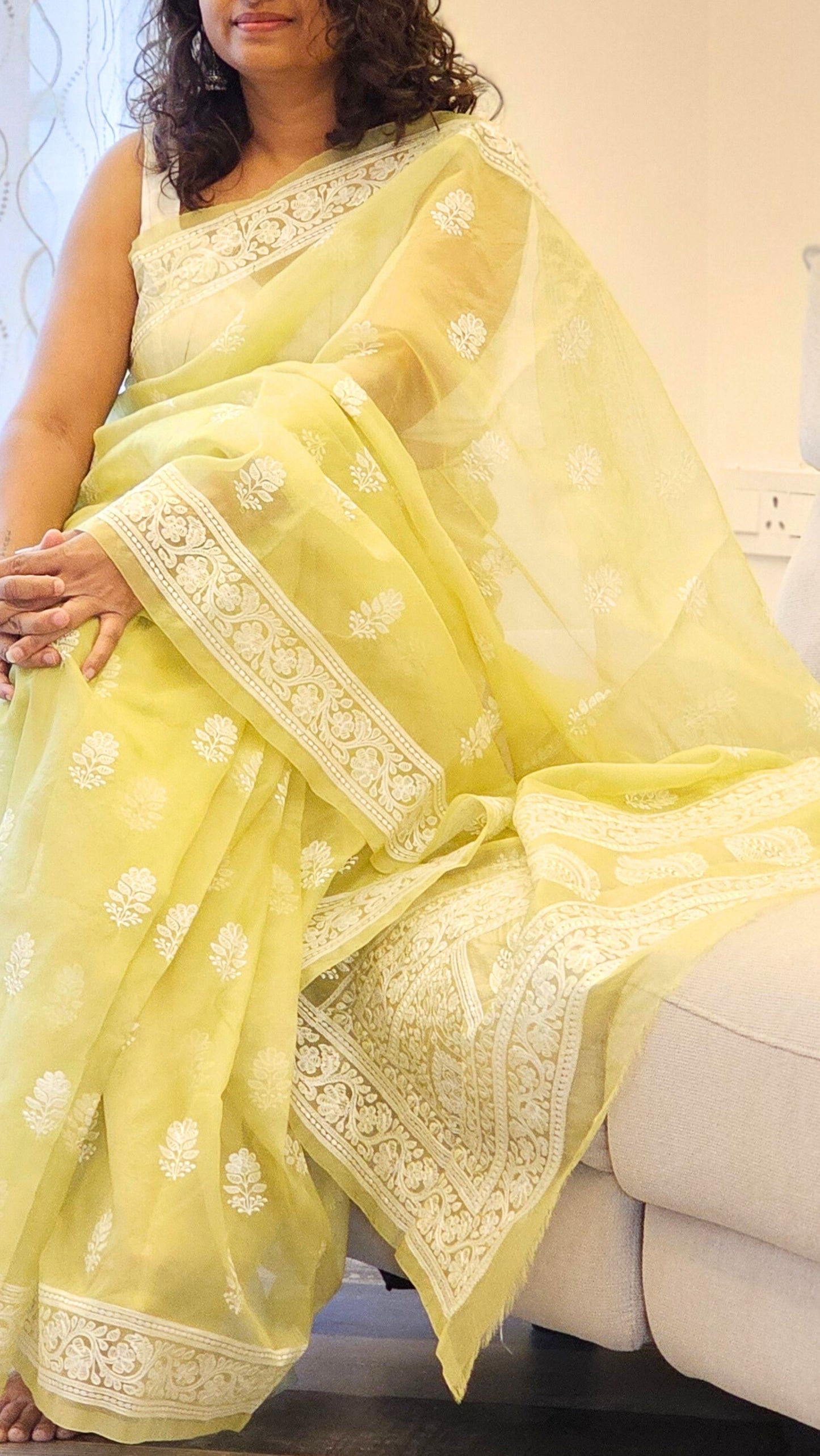 Pastel Green Rose Floral - Organza saree with Floral Embroidery