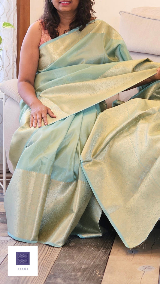 Tissue Silk Solid Long Border Saree - Aqua Green