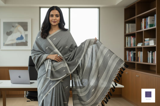 Pure Mul Cotton Saree with Jamdhani handwork - Grey