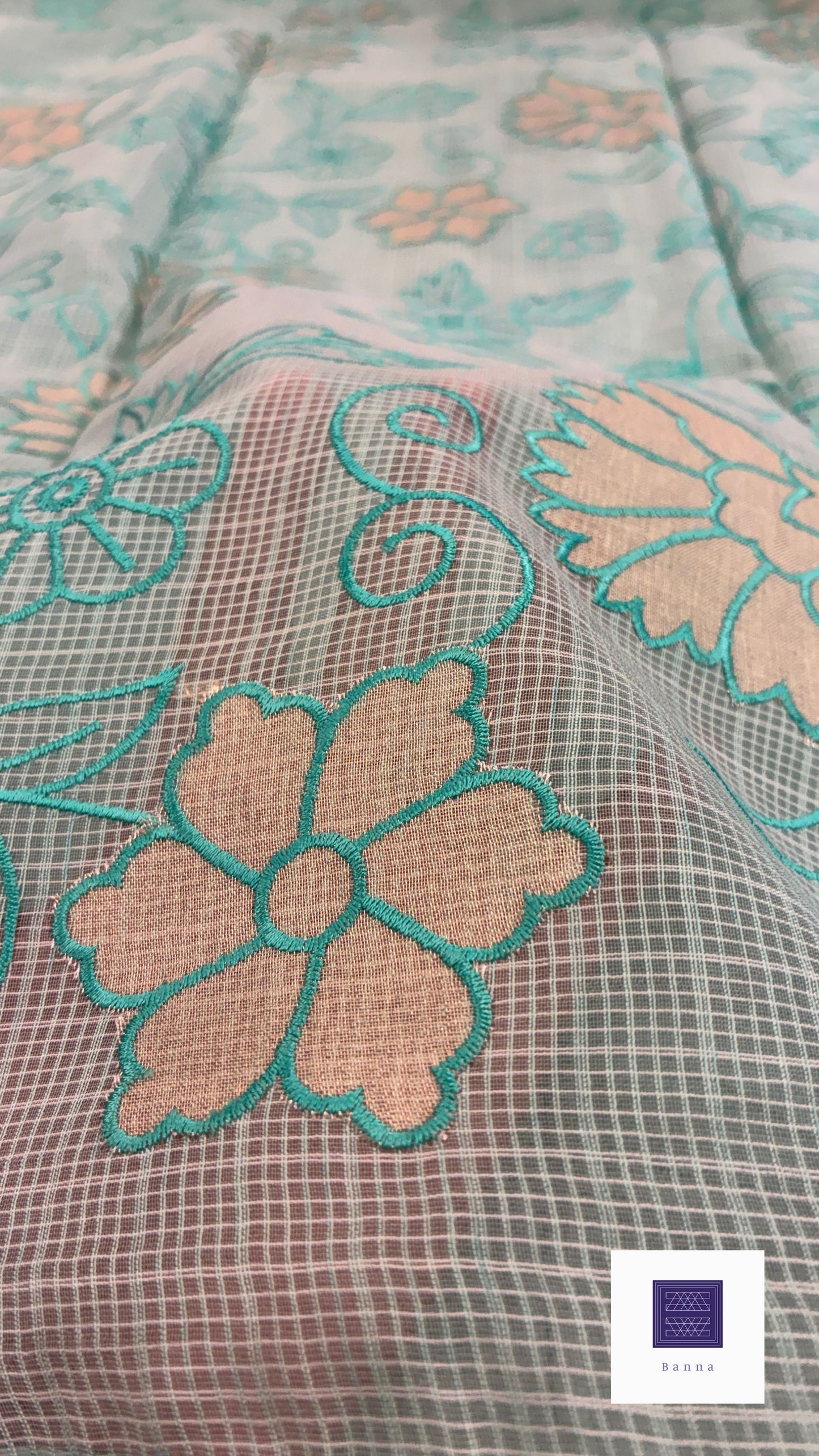 Kota cotton saree with floral embroidery and appliqué - Cyan