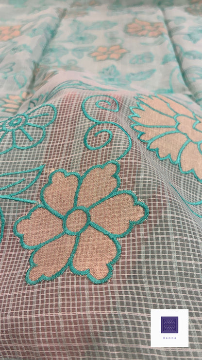 Kota cotton saree with floral embroidery and appliqué - Cyan