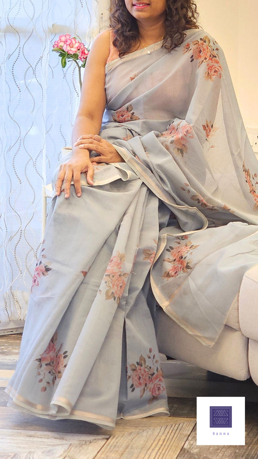 Work love, everyday saree in all new floral prints - Grey