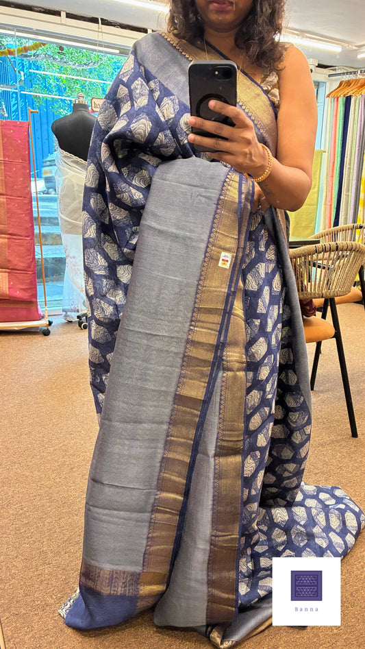 Pure moonga silk, hand block prints - Indigo Blue