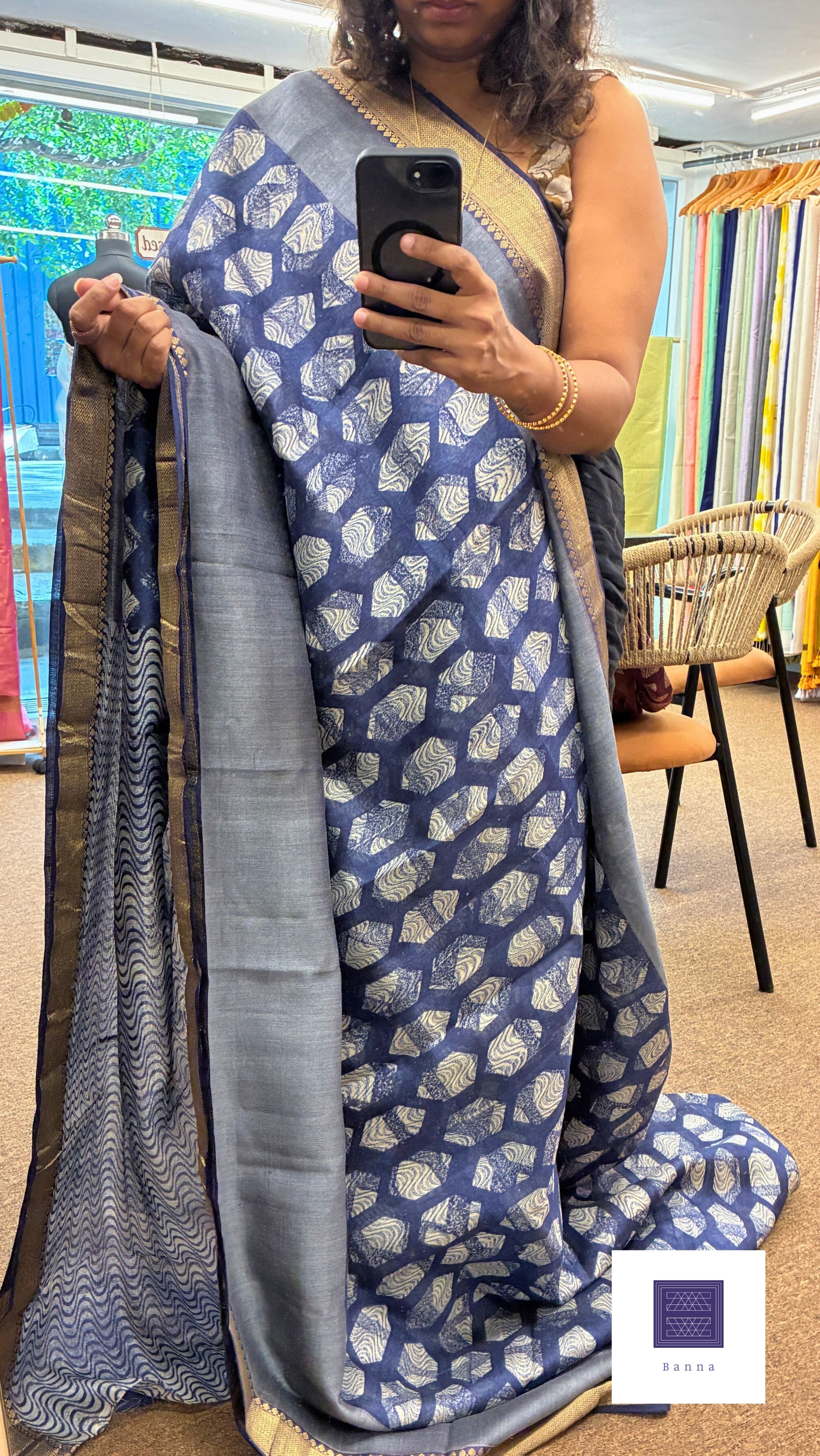 Pure moonga silk, hand block prints - Indigo Blue