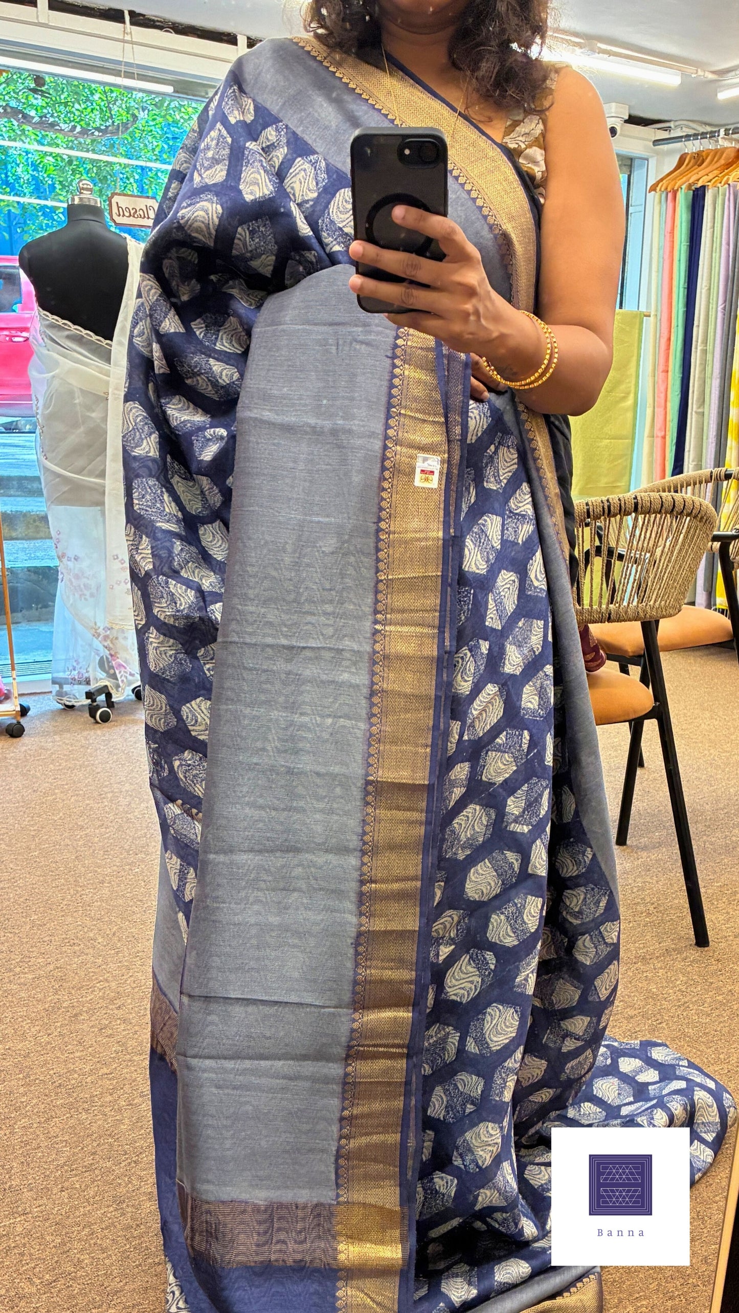 Pure moonga silk, hand block prints - Indigo Blue