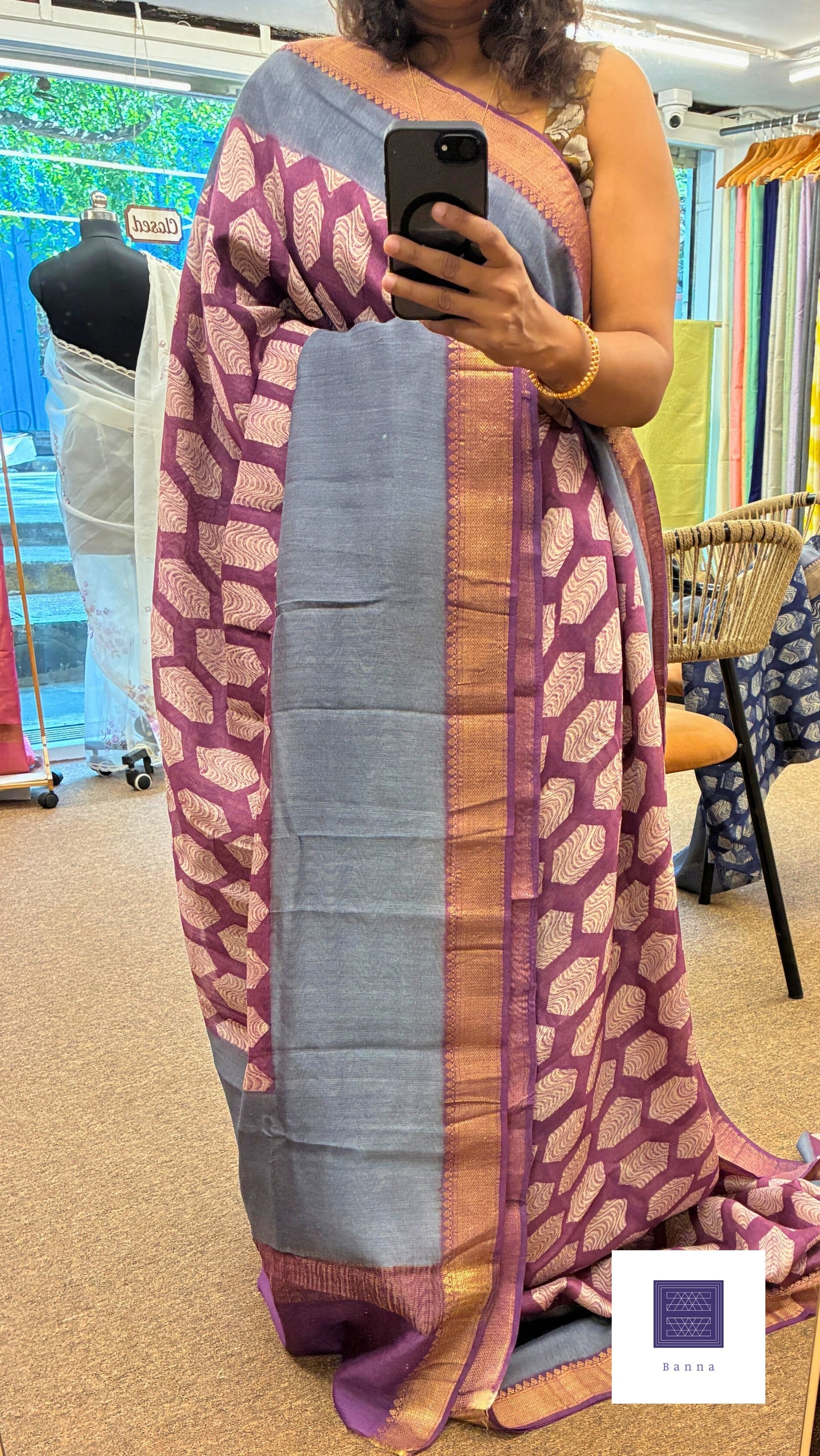 Pure moonga silk, hand block prints - Purple Maroon